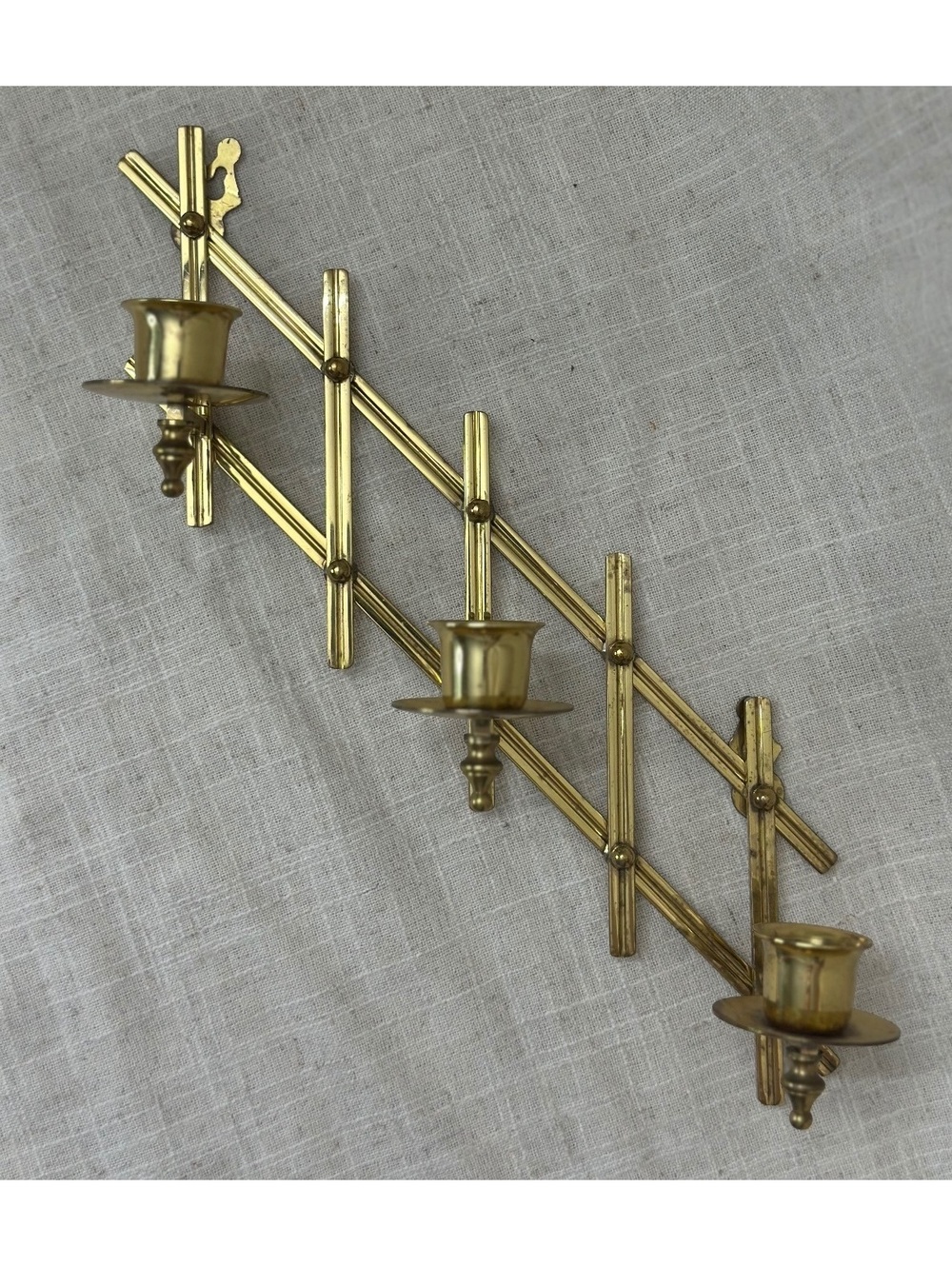 Vintage 12” Adjustable Brass Lattice Wall Sconce 3 Candle Holder Mid Century